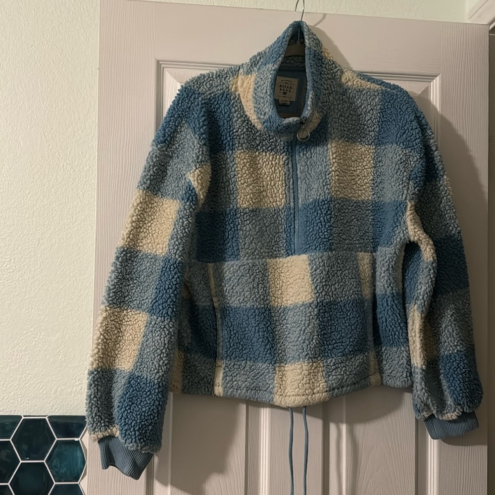 Blue and White Check pullover fleece size large L - cozy and cute! Billabong